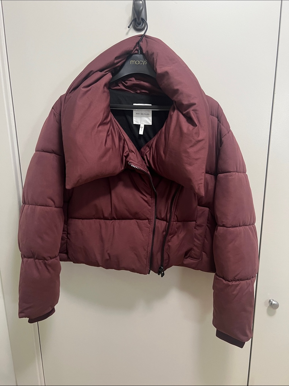 Avec Les Filles Asymmetric Zip Cropped Puffer Jacket, Deep Wine/Merlot - Soldout